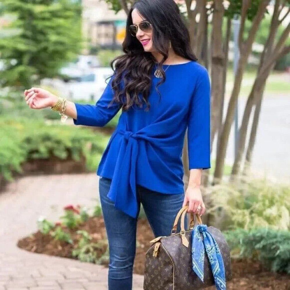 GIBSON Blue Tie Front Crepe Top Sz M Blouse Career Office